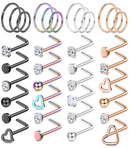 Chriscoco 36Pcs 18G Nasenpiercing Chirurgenstahl Nasenpiercing Ring Nostril Piercing Set Zirconia Opal Nasenringe Silber Nasenstecker Nasen Piercing Stecker Schmuck für Damen Herren