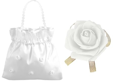 1 satin Hochzeit Handtasche, 1 Handgelenk Blume, Braut Hochzeitstasche, brautaccessoires, handtasche hochzeit, weiße Brauthandtasche