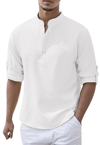 Chemise Col Mao Homme Grande Taille, Blouse Homme Manches Longues,Tee Shirt 'été Couleur Pure Top Col V de Plage Hauts avec Boutonnée Décontracté Ample Légère Comfort Base Tunqiue