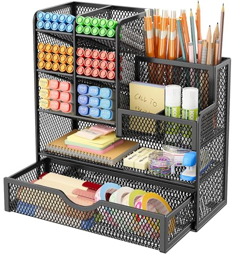 VITVITI Sturdy Mesh Desk Organiser for Office Accessories, Desk Organiser for Stationery Supplies, Make Up Brush, Art storage, 5 Tier Metal Stackable Storage drawers - Black