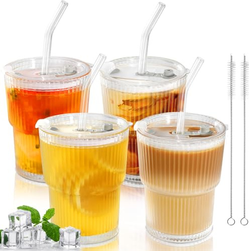Mozvvco 400 ML Gläserbecher mit Deckel und Strohhalm, Smoothie Becher aus Glas, Kaffeegläser Cappuccino Tassen, Glas Teegläser mit Trinkhalm, Luftdicht Wasserdicht Trinkgläser, 4 Stück