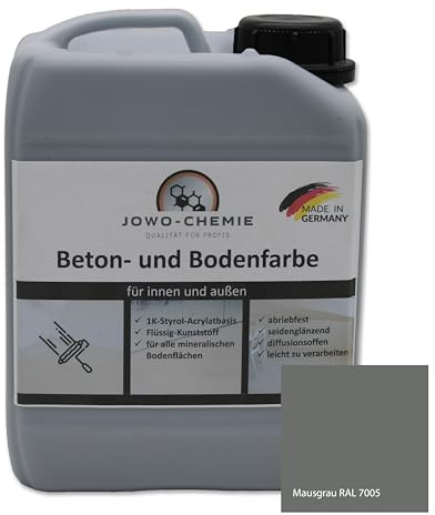 JOWO-CHEMIE Bodenfarbe (5kg) Betonfarbe Flüssig Kunststoff für 40m² Grauton Beton Estrichfarbe Beschichtungen für alle mineralischen Bodenflächen (Mausgrau RAL 7005)