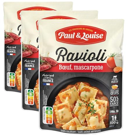 Paul & Louise Ravioli Boeuf, Mascarpone 300g - Sachet micro-ondable - Prêt en 1 minute 30 - Pâte aux œufs - Pur Boeuf - 100% origine France - Sans colorant - Sans arôme artificiel - Nutriscore B