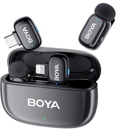 Boya BOYAMINI Trådlös Mikrofon, Dubbel Mini-Lavalier Mikrofon för iPhone Android PC Laptop med USB-C/Lightning, 100M, 36H Power för Videoinspelning, Podcast Streaming