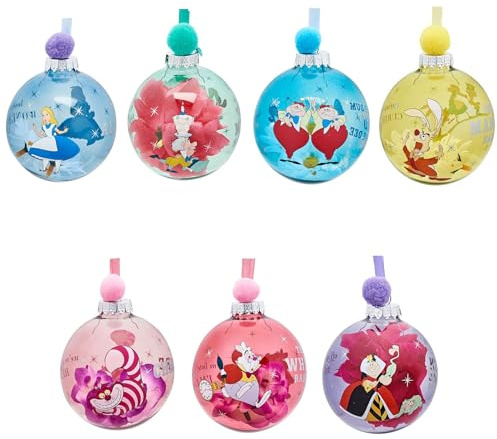 Disney - Juego de 7 bolas para árbol de Navidad, Alicia, gato de Cheshire, sombrerero loco, conejo blanco, reina de rosas, Tweedle Dee & Dum, y la liebre de marzo