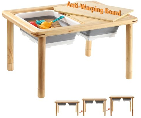 FUNLIO Wooden Sensory Table With 2 Bins for Toddlers 1-5, 3-Level Height Adjustable Kids Play Sand and Water Table, Anti-Warping Plywood Lid, Indoor/Outdoor Use, CPC Certified
