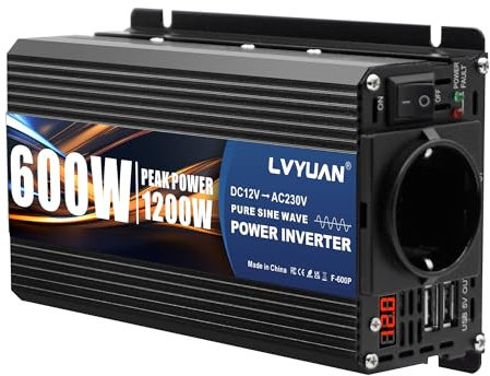 LVYUAN 600W/1200W Wechselrichter 12V auf 230V Spannungswandler Reiner Sinus Stromumwandler Inverter Auto Zigaretten Adapter Konverter mit 2 USB Anschluss und EU Stecker