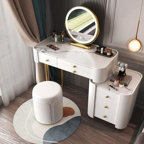 Modernes weißes Make-up-Kosmetik-Set mit 6 Massivholzschubladen, Spiegelleuchten, Beistellschrank und Hocker, luxuriöser Schminktisch für Schlafzimmer