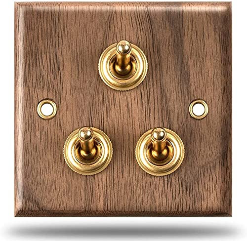 BPABDEITR Interruptor de luz de palanca, Luz de pared de 2 vías for el hogar, 1-4 entradas, 86 tipo Panel, Retro, nogal negro, madera maciza, latón, interruptor antiguo, 10A, 110-250V(3 Gang)