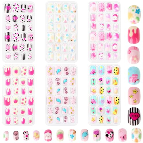 OWill 144 Pcs Press on Nails Short Full Cover Cute Cartoon Fake Nails Set | 144 Pcs Full Cover Short Nails Set, 6 Boxes Cute Cartoon Patterns, Pre-Glued Press On Nails, Self-Adhesive Fake Nails