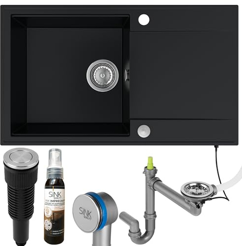 SINK QUALITY Küchenspüle mit Abtropffläche - Spülbecken Schwarz 78x46 cm - inkl. Knopfdruck Siphon PUSH und Imprägnieren - Einbauspüle für 60er Unterschrank - Granitspüle Schwarz XXL