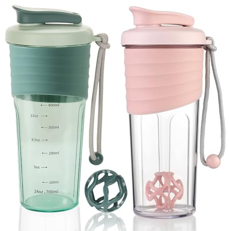 OUOUMUF 2 Stück Protein Shaker mit TRITAN Rührball eiweiss shaker für proteinshakes- für super cremige Fitness Eiweiß shaker proteinshaker 700ml (Rosa und Türkis)