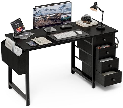 Grandder 120 cm Mesa pequeña de ordenador con 4 cajones de tela, Escritorio reversible para niños, adolescentes y oficina en casa, Mesa de trabajo moderna para dormitorios y espacios pequeños, Negro