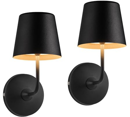 NEWSEE Wireless Wall Lights Set of 2, Small Battery LED Wall Sconces, 5000mAh Rechargeable with Touch Control, Dimmable & Waterproof, Metal Shade Lamp for Garden, Bedroom, Bathroom, Hallway (Black)