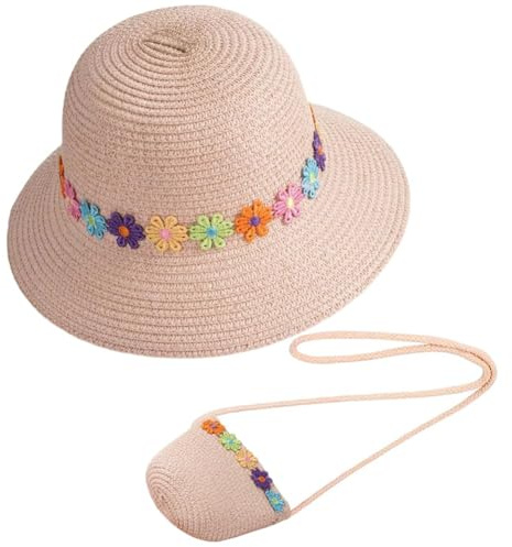 REYOK Cappello da Sole per Ragazze Cappello di Paglia Cappello da Spiaggia Estivo e Mini Set di Borse, Bambino Ragazze da Spiaggia Estivi Fiori Berretto per attività All'aperto(Pink)