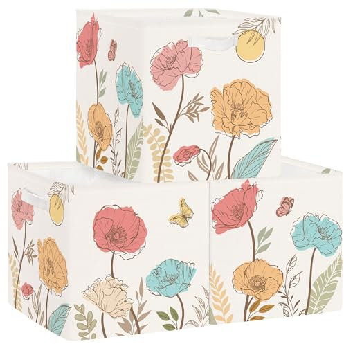 HUUMONSS 30cm Aufbewahrungskorb 3 Stück Aufbewahrungsbox Spielzeug | Stoff Faltbar mit Metallgestell Bodenplatte, fur Kinderzimmer Schlafzimmer Badezimmer, Bücher Kleidung, Blumen