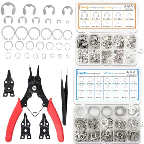 Medoon 800Pcs C-Clip External Retaining Rings Snap Rings Assortment Kit Circlip 304 Stainless Steel(M4-M28)+ 5Pcs Snap Ring Plier + Tweezer+ E-Clip Assortment Set(1.5mm-10mm)