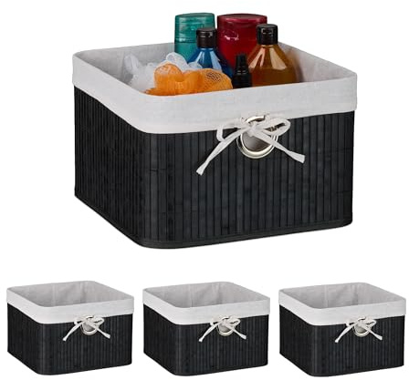 Relaxdays Set 4 Cestas de Almacenaje, Bambú, Forro de Tela, 20 x 31 x 31 cm, Cestitas con Agujero para Asa, Negro