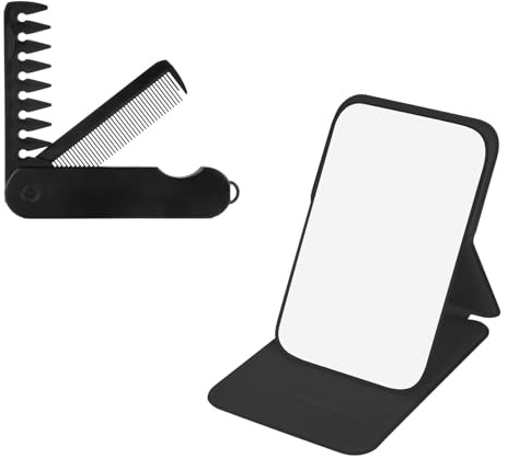 SHUOHONG Specchio Portatile Pieghevole, Pettine Tascabile Pieghevole 2 in 1 per Uomo, Specchio Trucco da Tavolo Multi-Stand Angolo Libero, per Scrivania da Ufficio, Tavolo da Trucco e Viaggio
