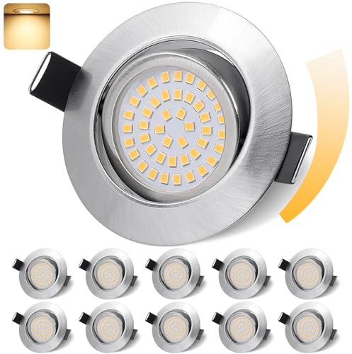 GeyouLux LED Einbaustrahler 230V Dimmbar 68mm 6W IP44 LED Spots 10er set | 45° Schwenkbar 3000K Warmweiß Deckenspots für Badezimmer Küche Wohnzimmer Einbauspots Flach Einbauleuchten Nickel