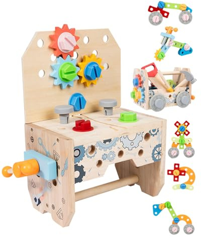 Maraiss 3-in-1 Design Wooden Tool Set Toys for Kids, Gifts for 2+ Year Old Boy Toys, 50 Pcs Accessories, Toddler Educational Construction Bench Set Toy for 2-6 Year Old Boys & Girls, Ideal