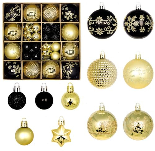 44 pezzi di palline per albero di Natale, set di palline di Natale in plastica con cordino per decorazioni natalizie, decorazioni per feste, decorazioni per albero di Natale (nero e oro)