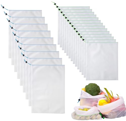 KIKAWORD Toy Storage Bags - 24 Pack Reusable Mesh Bags for Soft Toy Storage with Drawstring,Washable Toy Organiser for Toys,Fruits,Vegetables,Cosmetics and Accessories (10 Large Blue, 14 Small Red)