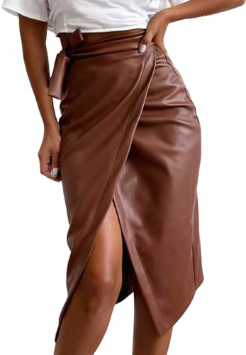 utcoco Womens Faux Leather Wrap Long Skirt Elegant High Waist Bodycon Midi Skirt for Cocktail Party Wedding, Brown, XL