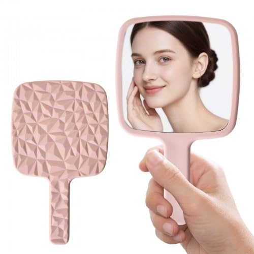Colexy Miroir à Main avec Poignée, Miroir Maquillage Portable, Salon Barber Miroir de Coiffure, Miroir à Main Petit pour Voyage Beauté Bureau, Maquillage Quotidien des Dames (Rose)