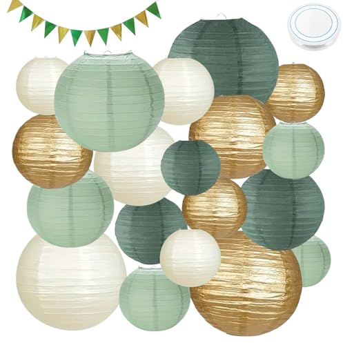 15 Stück Grün Gold Papierlaterne Lampion,Runde Dekorative Papierlaternen mit 5m Triangular Flag,50m Line,Salbeigrün Lampions für Geburtstagsfeiern Gartenparty Dekorationen,Brauthochzeits Dekorationen