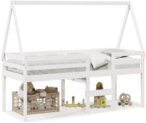 XHNIFBN Hochbett Kiefer Weiß 90x200 cm mit Dachgestell für Kinderzimmer Massivholz Einzelbett Spielbett platzsparendes Holzbett Kinder ab 6 Jahren
