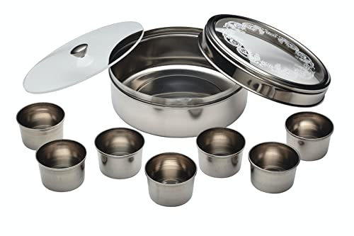 KitchenCraft World of Flavours Indian Spice Box for Masala Dabba, 7 Spice Pots + Large Spice + Cover + Lid, Stainless Steel, 17 x 7 cm, Silver