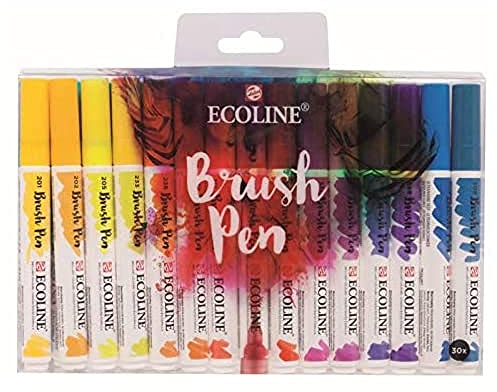 Ecoline Brush Pen-Set mit 30 flüssigen Aquarellstiften – Grundtöne | Mischbare Pinselstifte für Handlettering, Zeichnen und Basteln