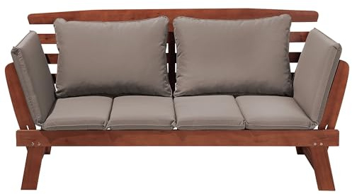 Beliani Gartenbank Holz Dunkelbraun verstellbare Armlehnen Auflagen beige/Taupe Portici