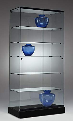 MHN Breite Ausstellungsvitrine ohne Rahmen - T 46 x B 90 x H 182 cm - Verkaufsvitrine Design Glasvitrine abschließbar - Schwarze Standvitrine mit Rollen - Ladenvitrine ohne Beleuchtung
