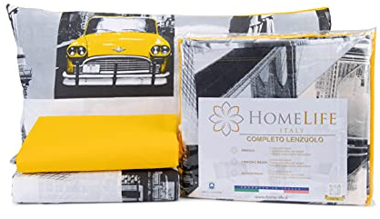 HomeLife Set Lenzuola Completo Letto Singolo 100% Cotone | Lenzuolo Sopra 155x290CM + Lenzuolo Sotto con Angoli 90x200 + Federa con Patella 50x80 |mmagini di New York Colore Grigio+Giallo