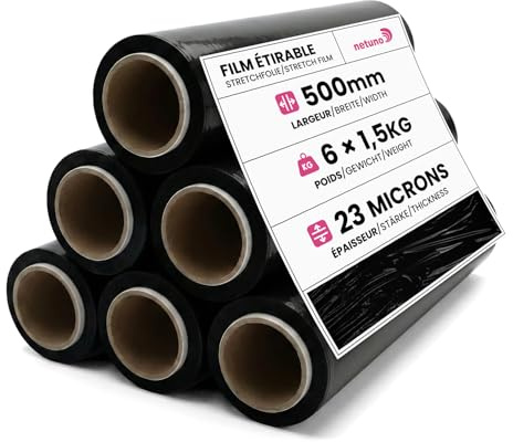 Netuno 6 Rollen Stretchfolie Schwarz 23my 500 mm 1,5 kg Palettenfolie Wickelfolie PE-Handstretchfolie Cast-Film Strech-Folie Packfolie Verpackungsfolie Umzugsfolie Plastikfolie Stretch Film