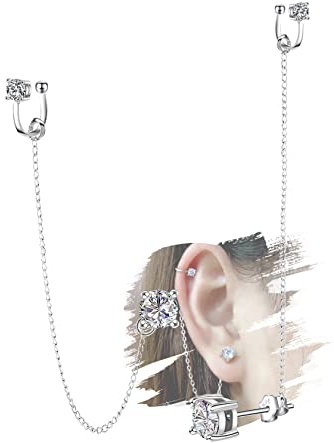 Kristall Ohrmanschette Ohrringe Kette Sterling Silber Hypoallergene Zirkonia Ohrringe Strass Drop Dangle Ohrringe 2 in 1 Ohrringe Piercing Schmuck Geschenk für Frauen Mädchen (Silber)