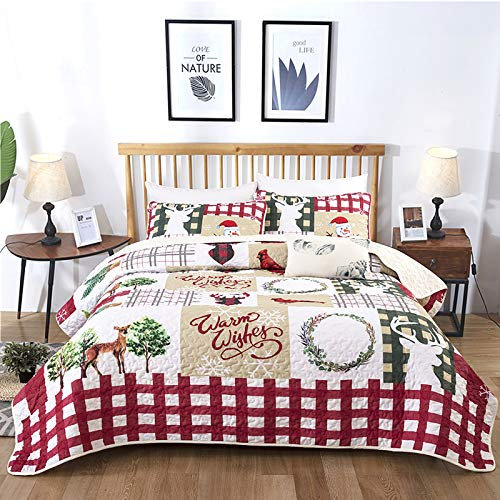Wongs Bedding, set copriletto king size natalizio con decorazioni natalizie con albero di Natale e cervi, in microfibra leggera e trapuntata (240 x 260 cm, 3 pezzi)