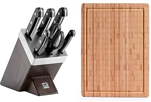 ZWILLING Selbstschärfender Messerblock, 7-tlg., Holzblock, Messer und Schere aus rostfreiem Spezialstahl/Kunststoff-Griff, Gourmet & 30772400 Schneidbrett, Bambus, groß