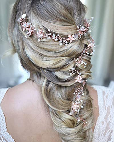 Stirnbänder Weinreben für Zöpfe Brautjungfern Haarschmuck Hochzeit Blumen Kopfschmuck Damen Haarreifen aus Perlen und Strass Mädchen Haar Schmuck(lang 76cm / 30inch), Rose Gold