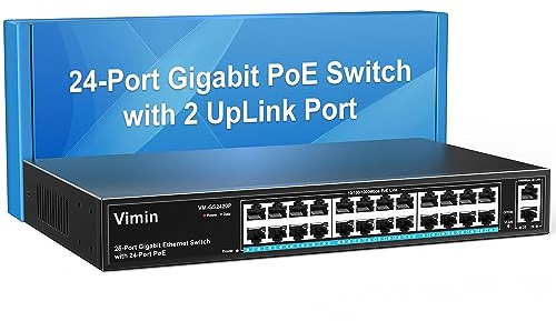 VIMIN 24-Port Gigabit PoE Switch mit 2 Uplink Gigabit Ports, 26-Port Unmanaged Ethernet PoE Switch mit 320W Leistung, Unterstützung von IEEE802.3af/at, VLAN, Wand- oder Rackmontage, Plug & Play