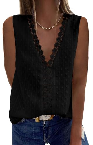 Bipily Blusa Magliette Donna Camicia a Senza Maniche Sbuffo Eleganti Scollo a V Pizzo Bluse T Shirt Gilet Tops(Nero,XXL)