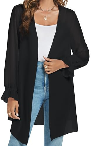 Famrrifuu Women's Long Chiffon Cardigan Summer Lightweight Long Sleeve Open Front Casual Soft Ladies Kimono Beach Cover Up, Black, M