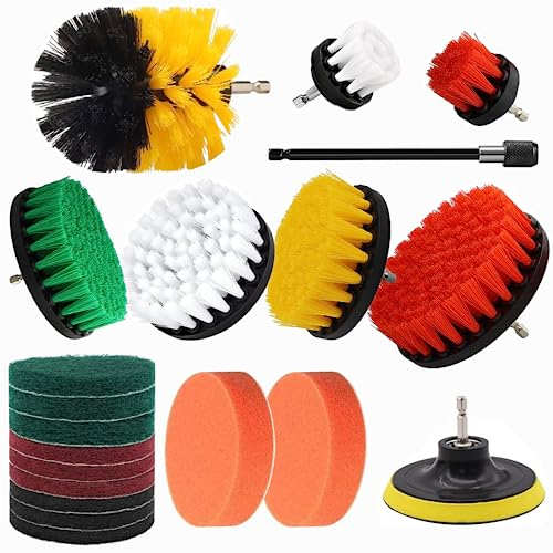 20Pcs Drill Brush Attachment Set, Drill Brush for Cleaning, Power Scrubber Attachment Kit for Cleaning Kitchen, Bathroom, Sink, Tub, Floor/Wall Tile, Grill, Car Wheel All Surfaces, Fits Most Drills