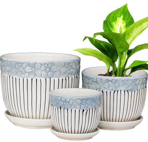 Keramik Pflanztöpfe 3er Set, 6.75/5.6/10.7 cm Pflanzgefäße mit Drainagelöchern und Untersetzer, Blumentopf Outdoor Indoor, Moderne Dekorative Pflanzgefäße für Zimmerpflanzen Garten Pflanzgefäße