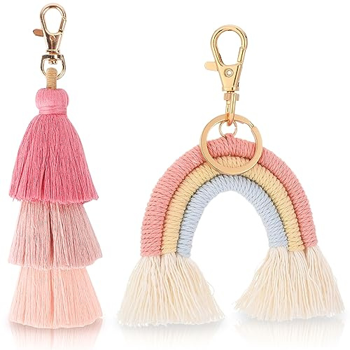 2 Stück Boho Schlüsselanhänger mit Pom Pom Quaste und Makramee Weben - Regenbogen Quaste Anhänger für Frauen und Mädchen
