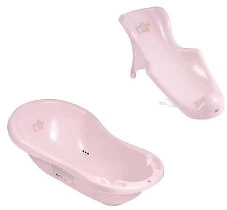 Hylat Baby Praktische Babywanne mit Thermometer, Stöpsel und Badewannensitz - rutschfest & komfortabel für die ersten Lebensmonate - Motiv: Friends, Farbe: Rosa, 2-teiliges SET