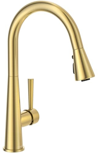Gold-Küchenarmatur mit herausziehbarem Sprüher, Lava Odoro Messing Einhand-Küchenspüle, goldener Wasserhahn für Küchenspüle mit magnetischem Docking-Sprühkopf und Deckplatte, KF321-SG