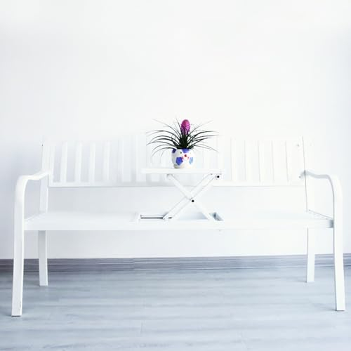 GAMAK Gartenbank Wetterfest mit Tisch, Gartenbank Metall Modern mit Rücken- & Armlehnen für Garten Balkon Terrasse Eisenbank für 2-3 Sitzer Gartenmöbel Gusseisen (Color : White, Size : 150cm)